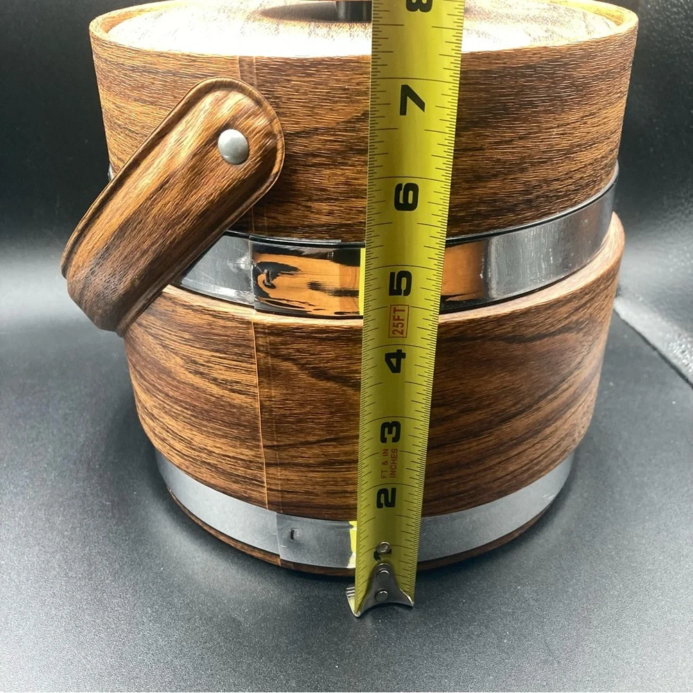 Vintage Mid Century MCM Faux Wood Brown Vinyl Ice Bucket Barware Party